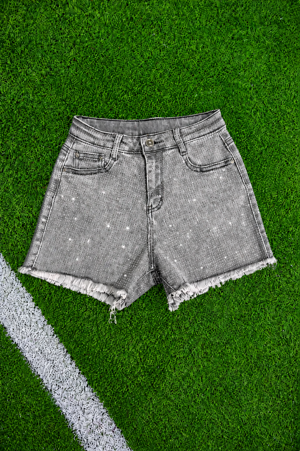 BEJEWELED GREY DENIM SHORTS SHORTS Judith March