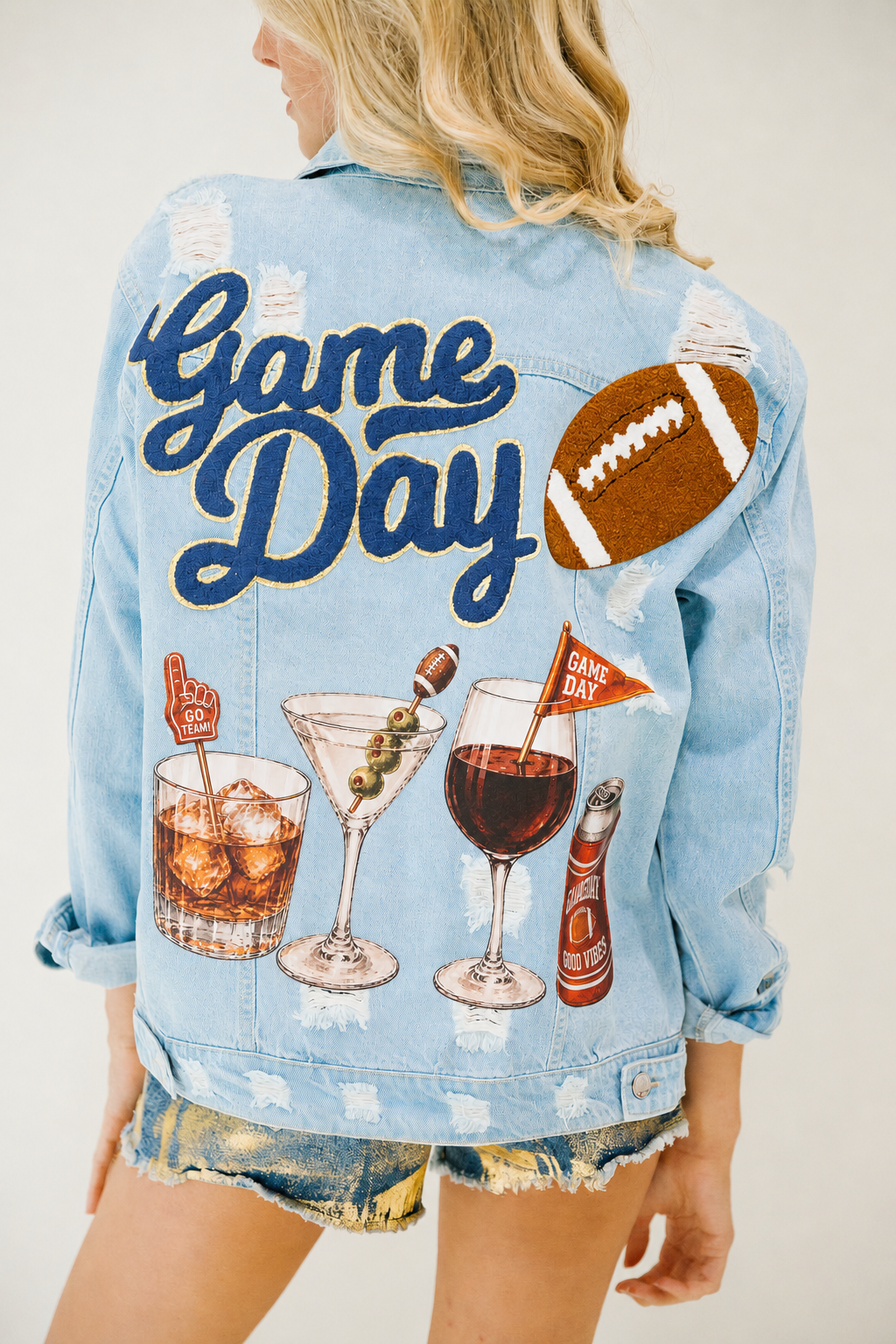 COCKTAILS & KICKOFFS DISTRESSED DENIM JACKET