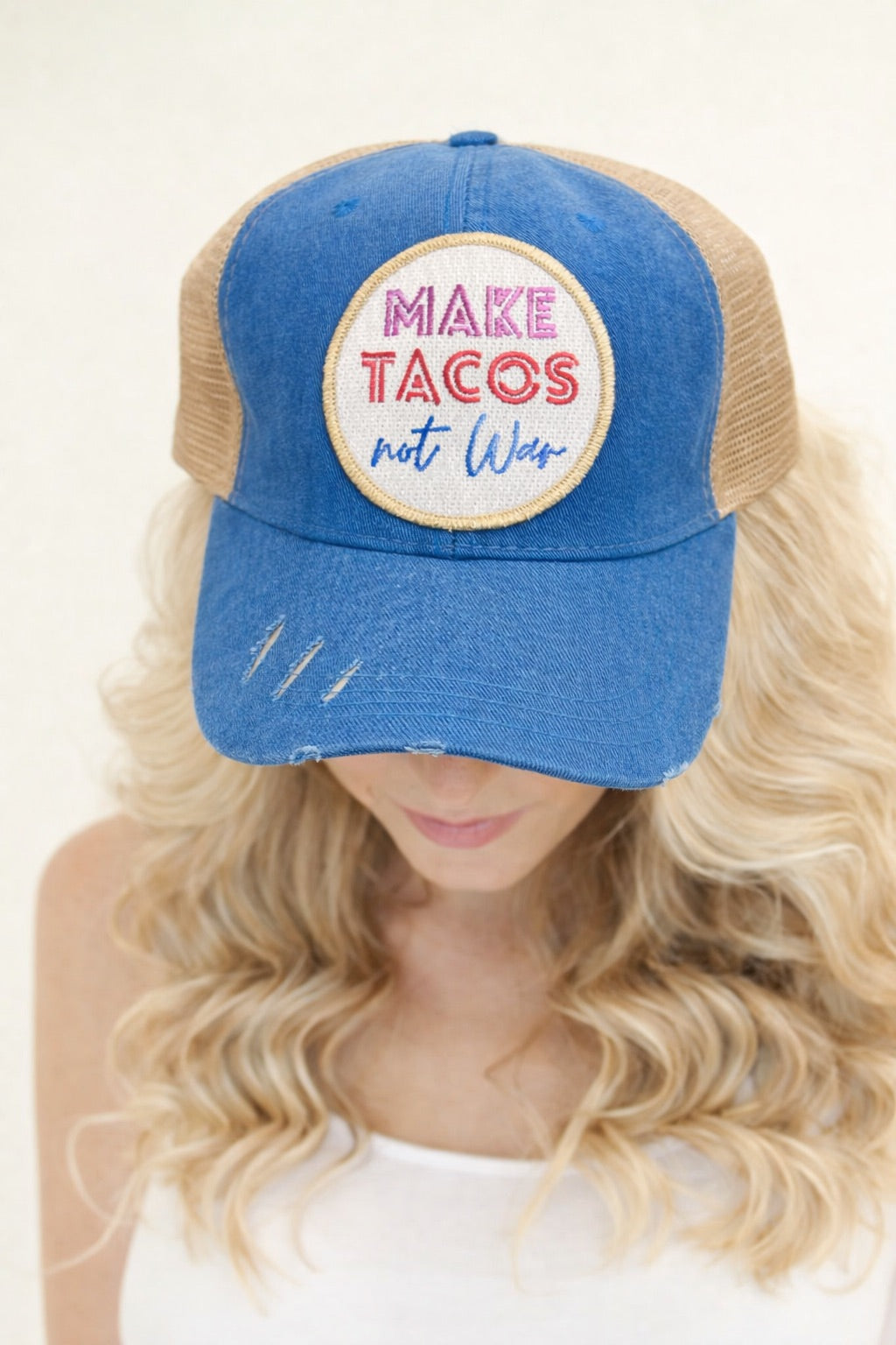 *MAKE TACOS NOT WAR BLUE STRUCTURED HAT HAT Judith March