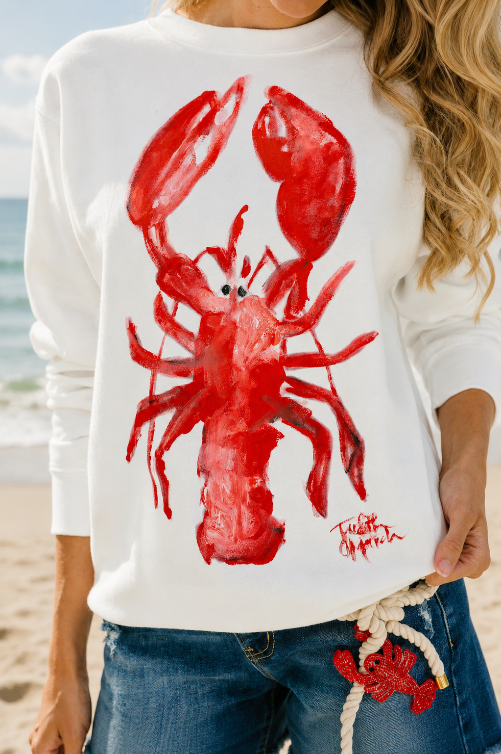 LOBSTER SEASON HAND PAINTED WHITE PULLOVER PULLOVER Judith March