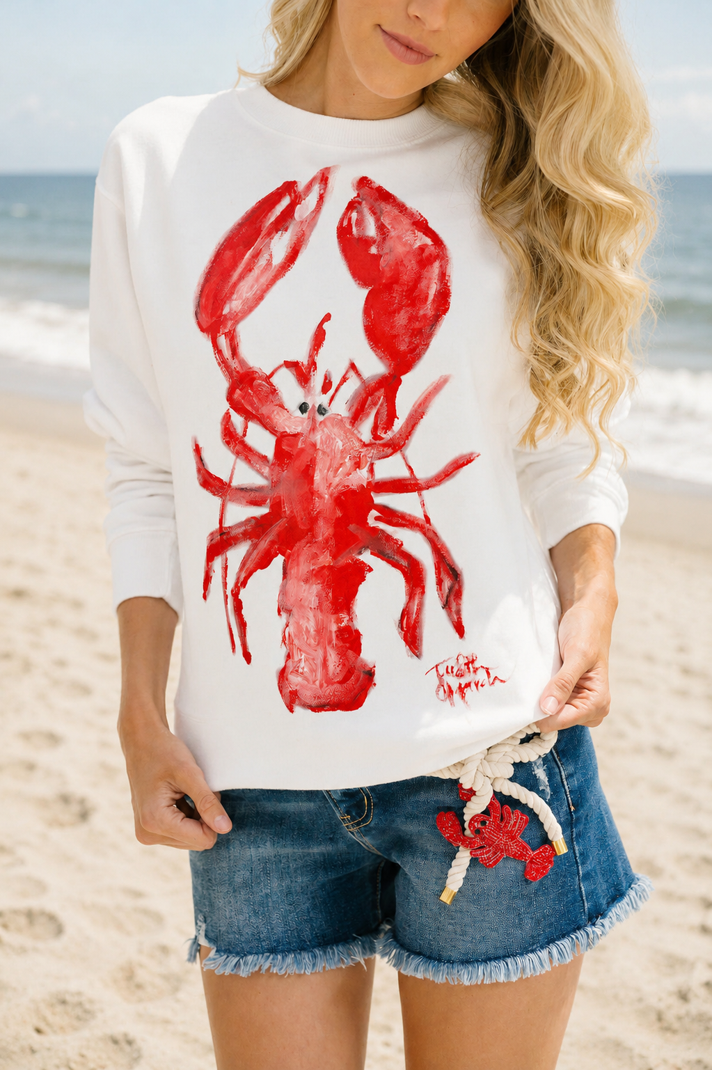LOBSTER SEASON HAND PAINTED WHITE PULLOVER PULLOVER Judith March