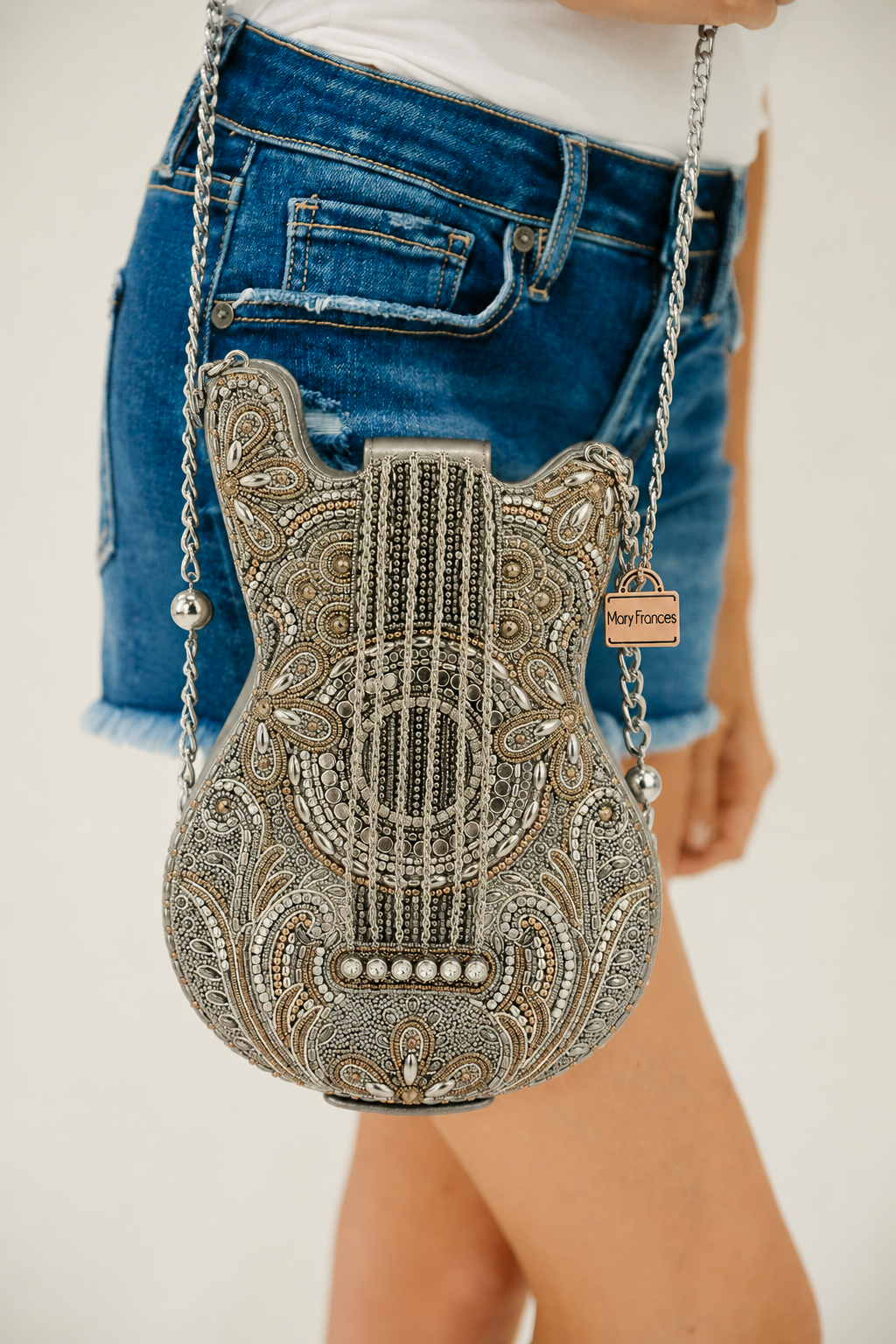 HEADLINER BEADED SILVER AND GOLD GUITAR CROSSBODY BAG - BY MARY FRANCES PURSE Judith March