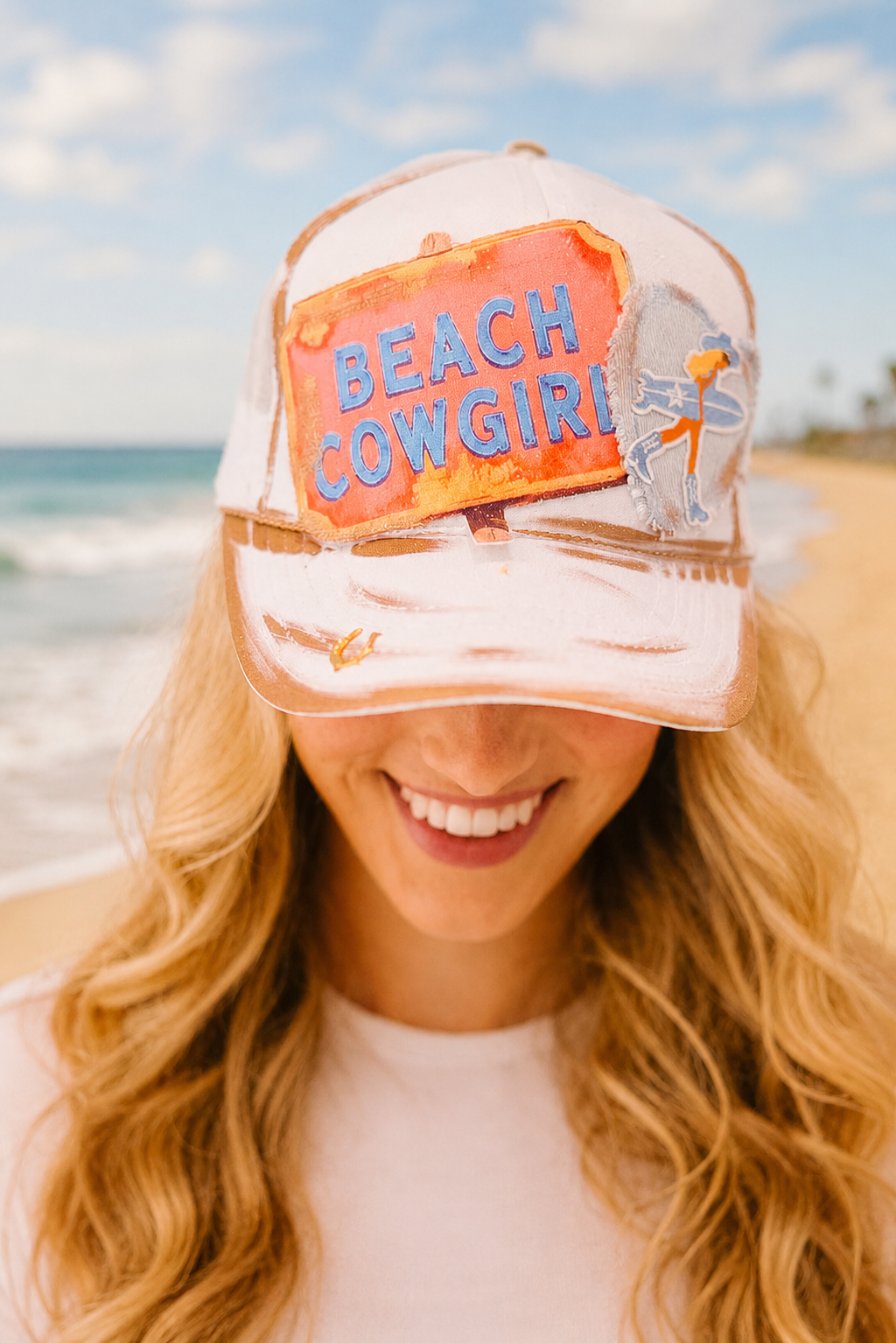 BEACH COWGIRL WHITE TRUCKER HAT HAT Judith March