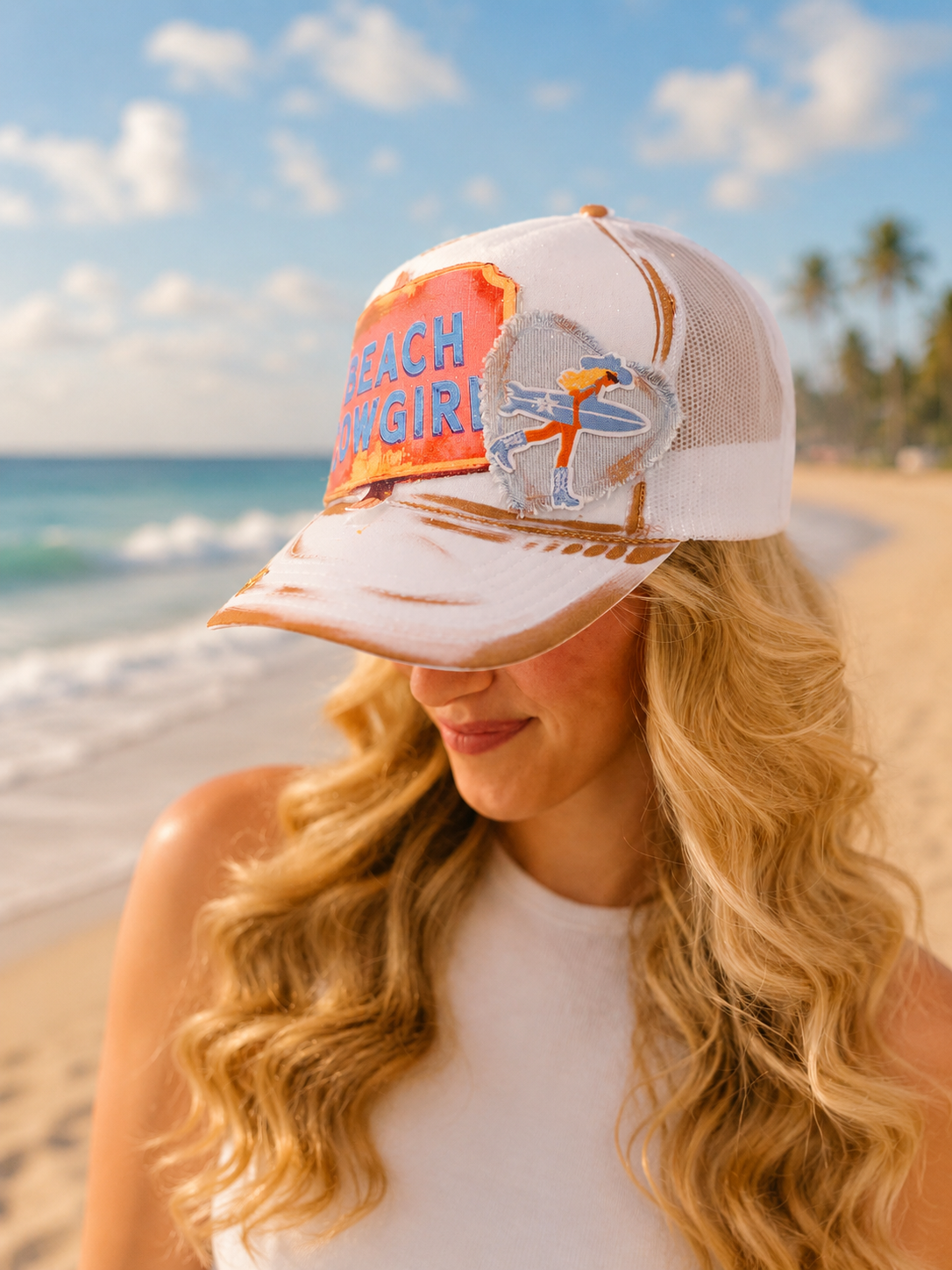 BEACH COWGIRL WHITE TRUCKER HAT HAT Judith March