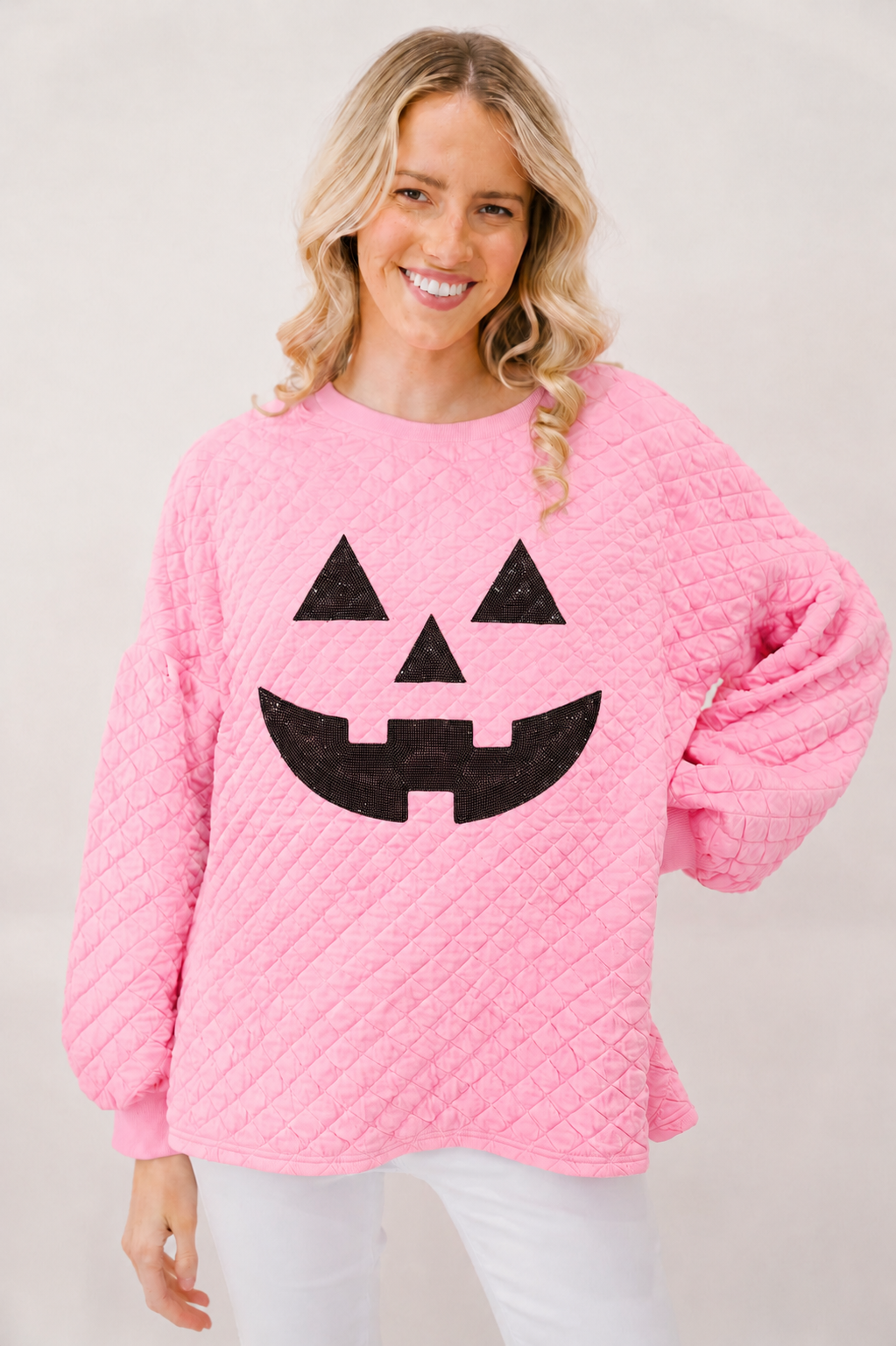 **PUMPKIN FACE PINK QUILTED PULLOVER - LARGE PULLOVER Judith March
