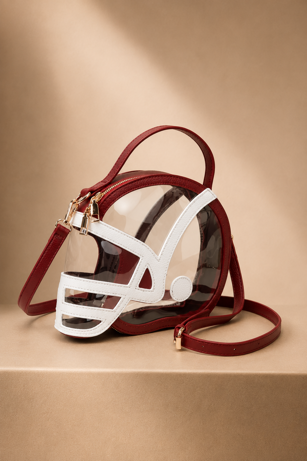 HELMET HANDLE CLEAR BAG PURSE Judith March BURGUNDY/WHITE