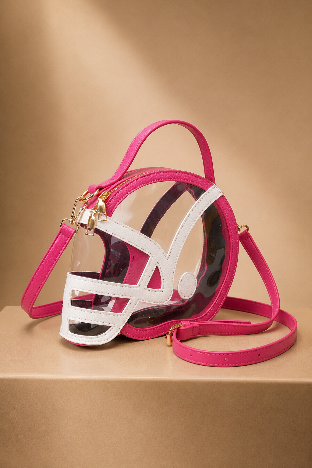 HELMET HANDLE CLEAR BAG PURSE Judith March PINK/WHITE