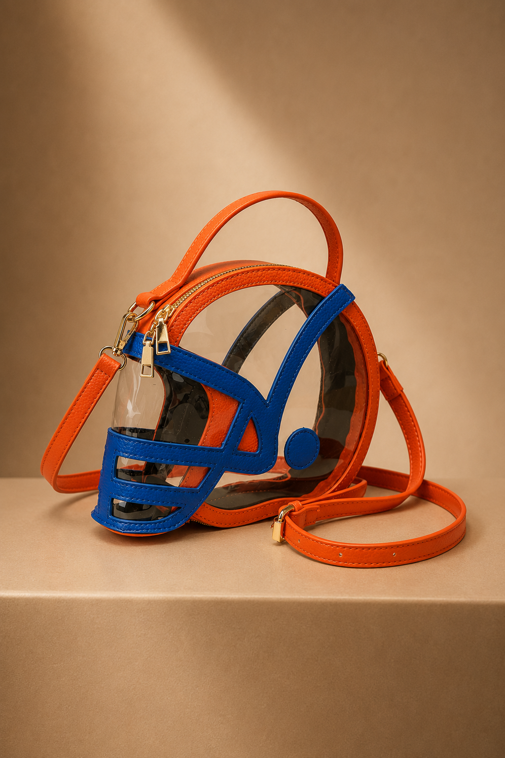 HELMET HANDLE CLEAR BAG PURSE Judith March ORANGE/ROYAL BLUE