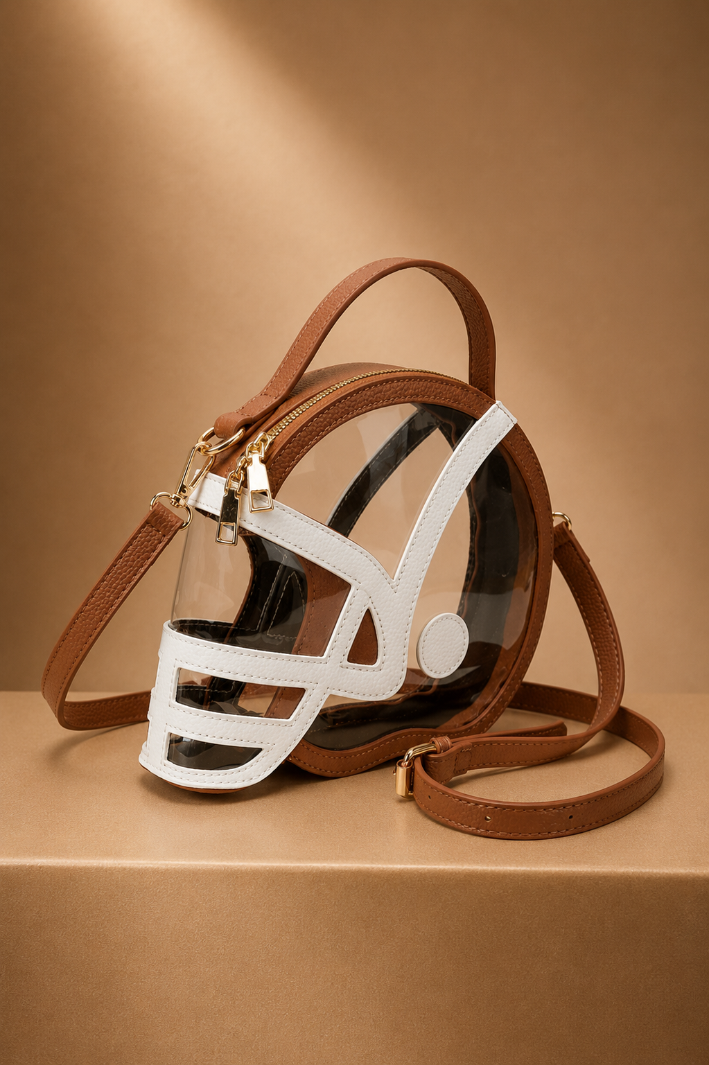 HELMET HANDLE CLEAR BAG PURSE Judith March TAN/WHITE