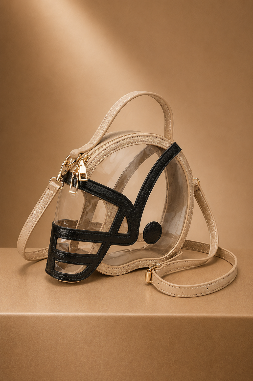 HELMET HANDLE CLEAR BAG PURSE Judith March GOLD/BLACK