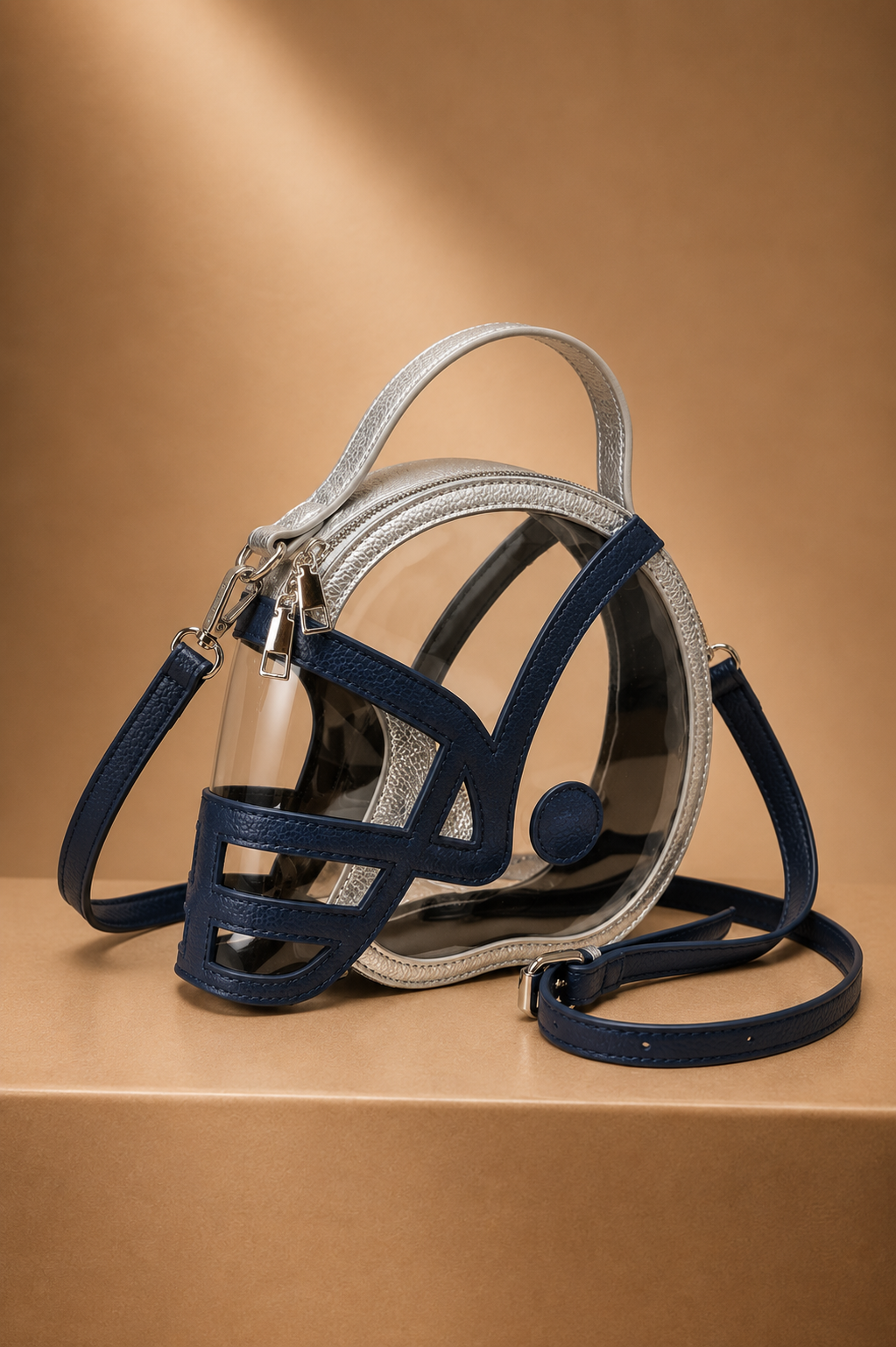 HELMET HANDLE CLEAR BAG PURSE Judith March SILVER/NAVY