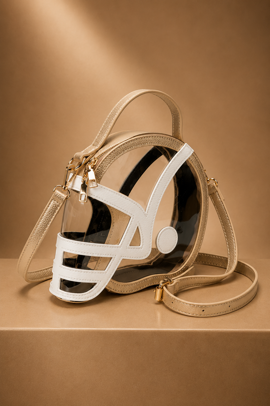 HELMET HANDLE CLEAR BAG PURSE Judith March GOLD/WHITE