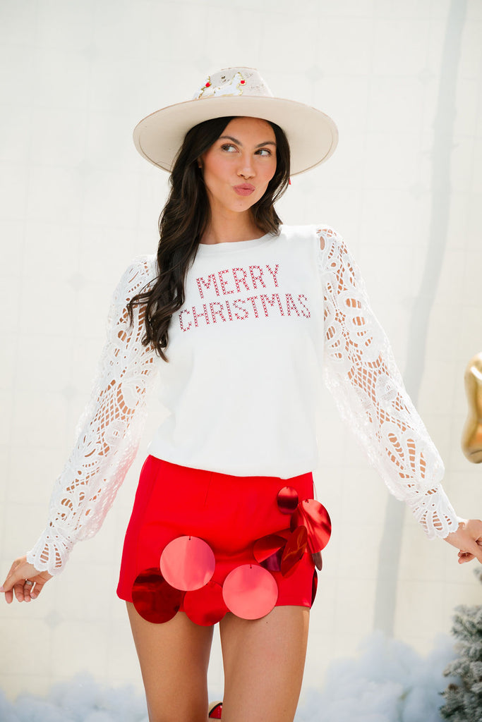 MERRY CHRISTMAS LACE SLEEVE TOP