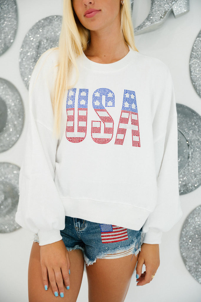 White cropped pullover with rhinestone USA flag letters