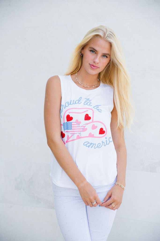 White tank with Proud To Be American cowboy print. 