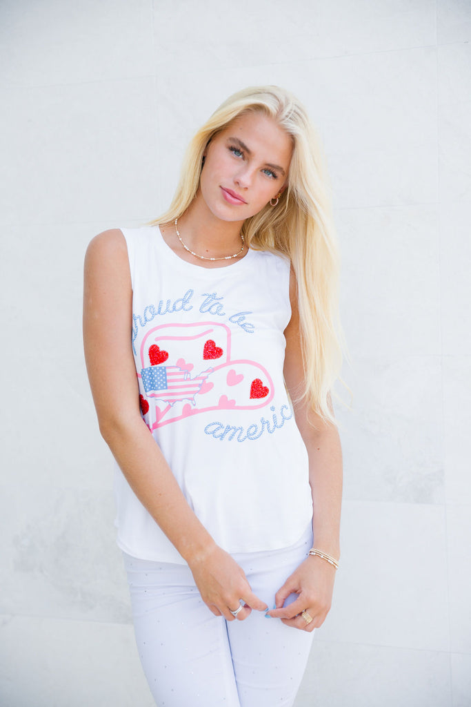 White tank with Proud To Be American cowboy print. 
