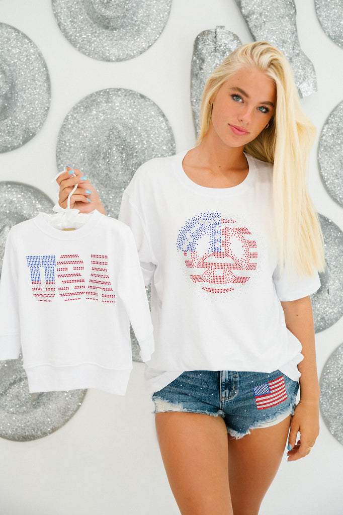 Kids white pullover with USA rhinestone lettering