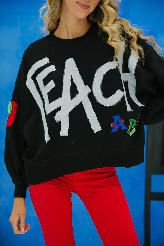 Black cropped pullover with white Teach painted on with ABC's and red apple patches