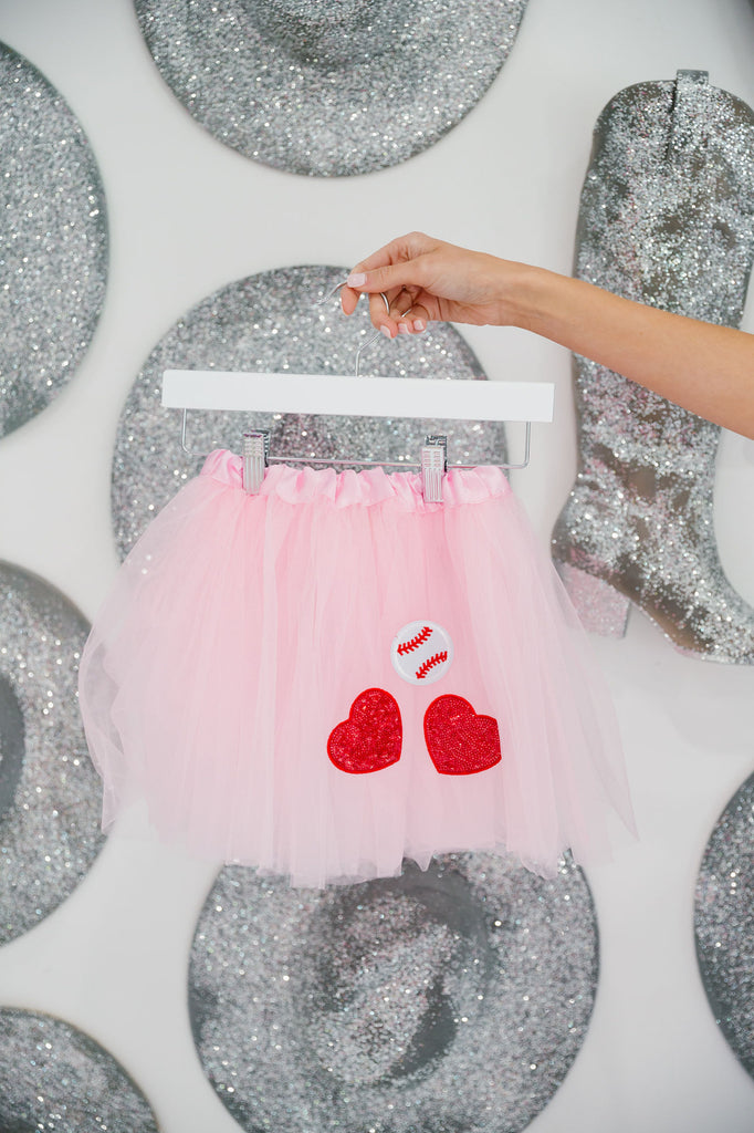Kids pink tutu with red heart and baseball patches