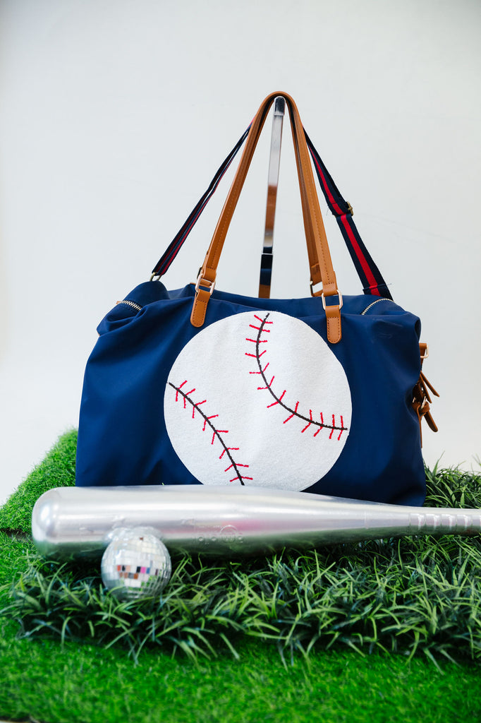 Navy duffel bag with baseball patch