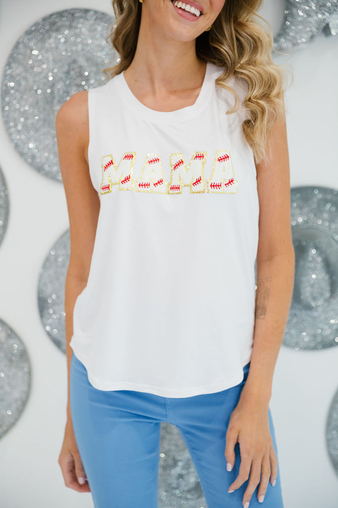 White scoop-neck tank top with "Mama" in baseball letters