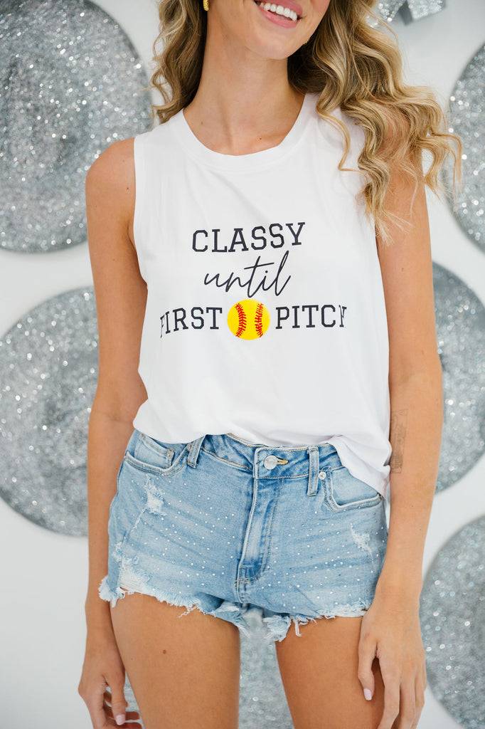 White scoop-neck tank top with "Classy Until First Pitch" print and softball patch