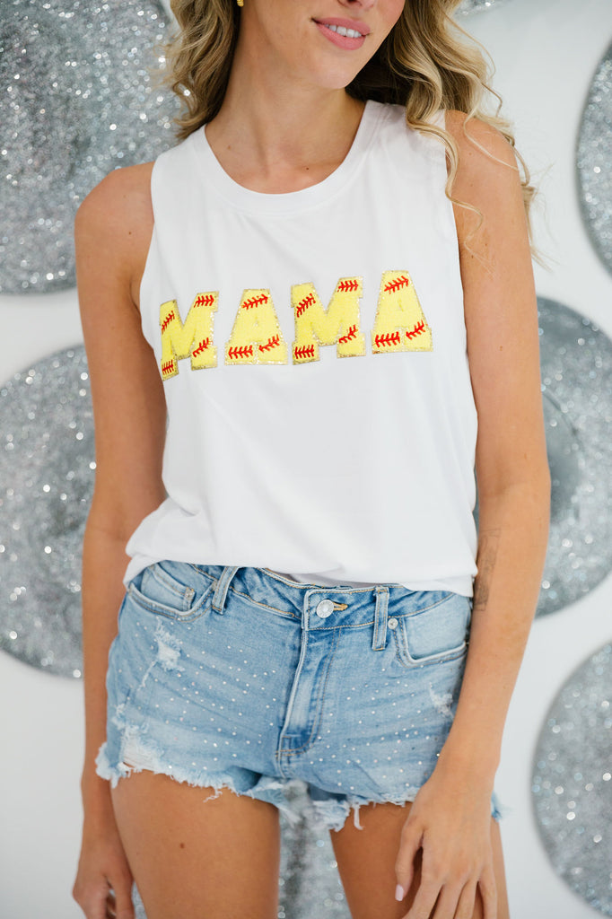 White tank top with softball "Mama" letters