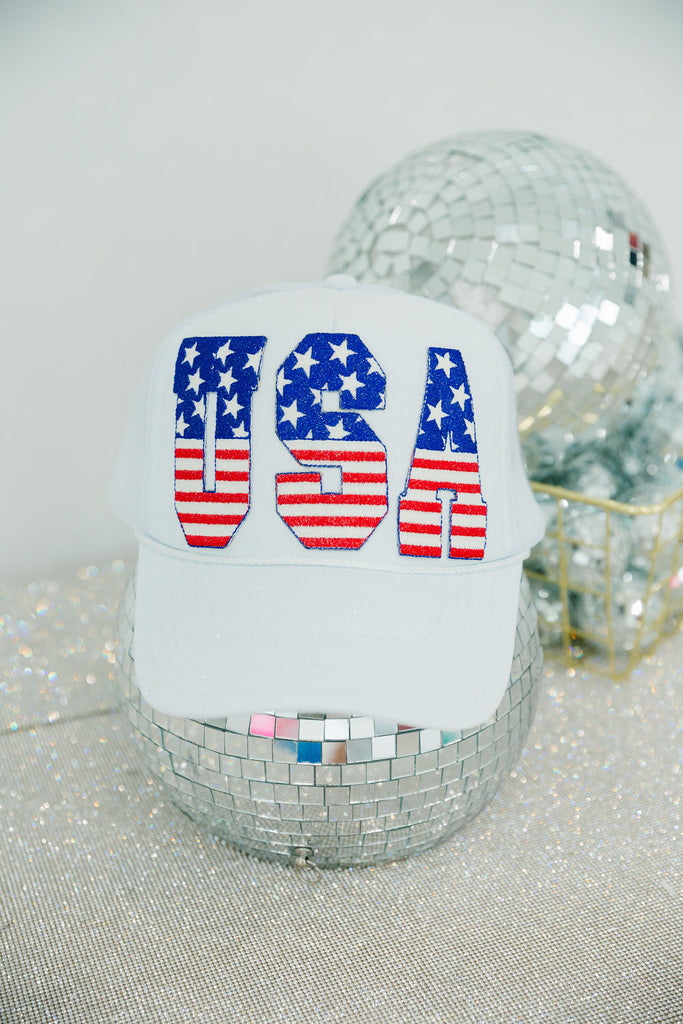 White trucker hat with American flag "USA" letters