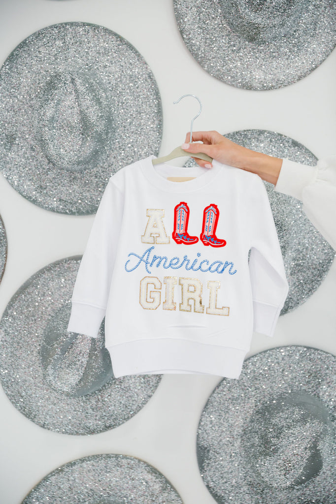Kids white pullover with "All American Girl" on the front