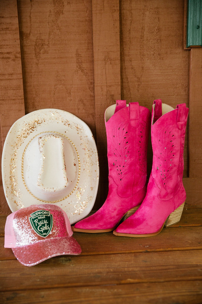 Pink suede cowgirl boots