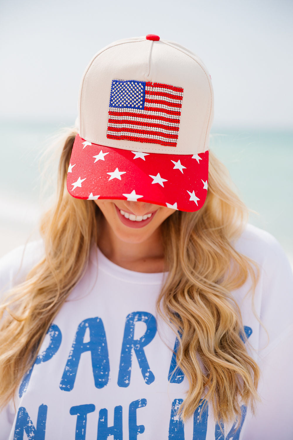 RHINESTONE FLAG STAR STRUCTURED HAT TRUCKER HAT Judith March