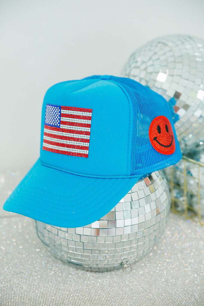 RHINESTONE FLAG BLUE TRUCKER HAT TRUCKER HAT Judith March   
