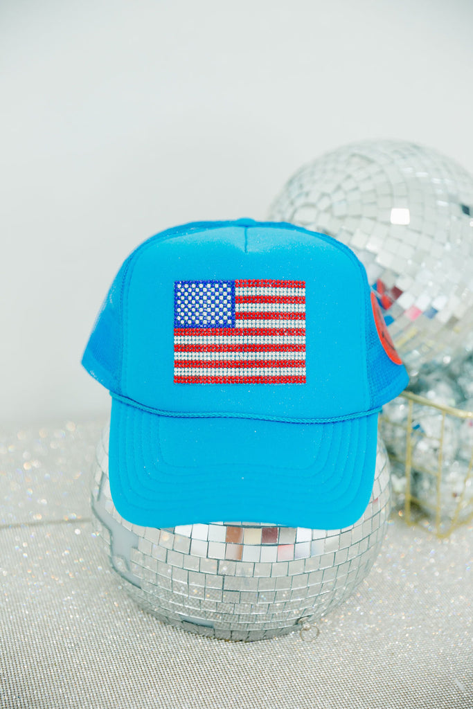 RHINESTONE FLAG BLUE TRUCKER HAT TRUCKER HAT Judith March   