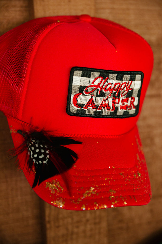 HAPPY CAMPER RED TRUCKER HAT