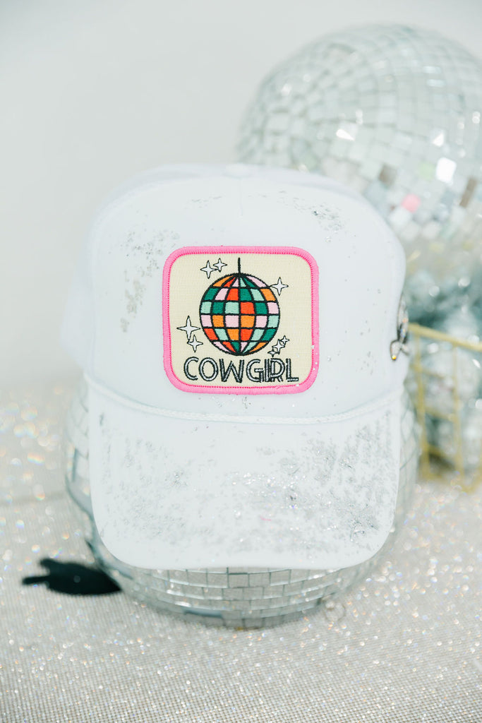 White trucker hat with silver glitter option and Disco Cowgirl patch
