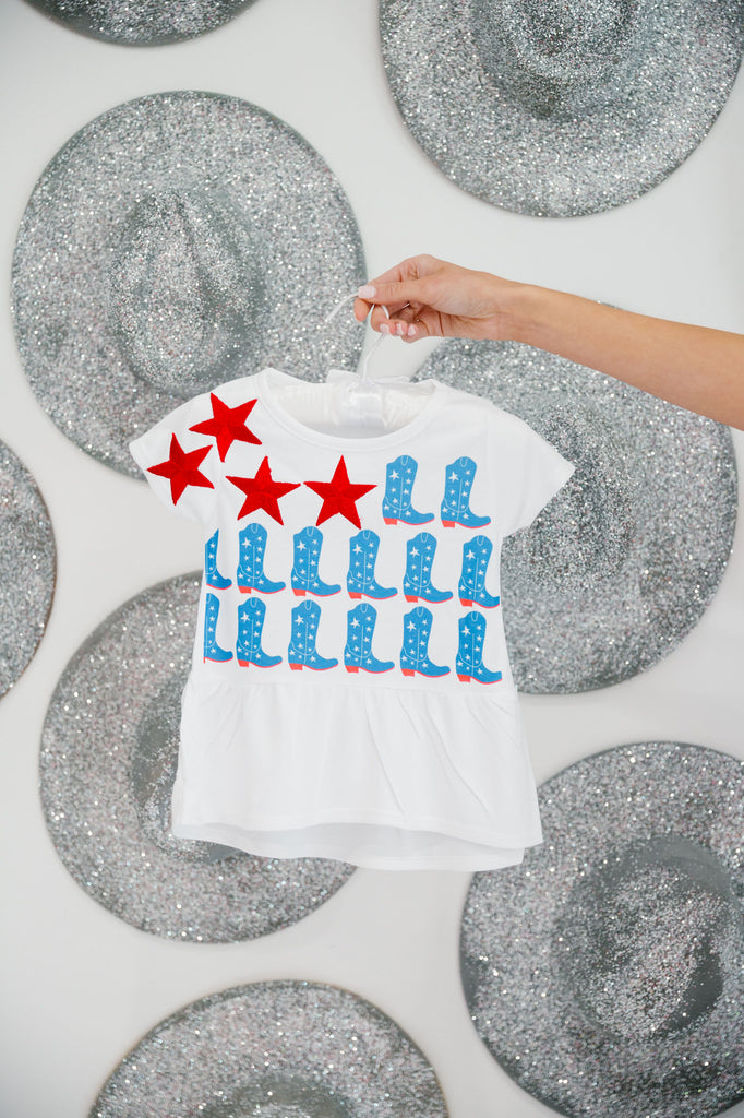Kids white top with red stars and blue cowboy boots