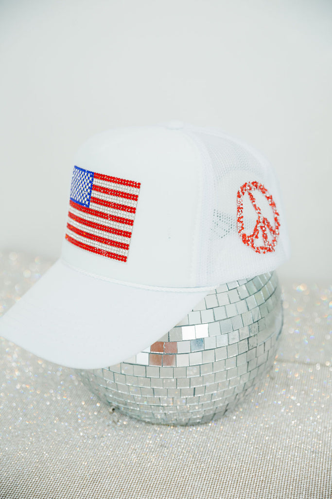 RHINESTONE FLAG WHITE TRUCKER HAT TRUCKER HAT Judith March   