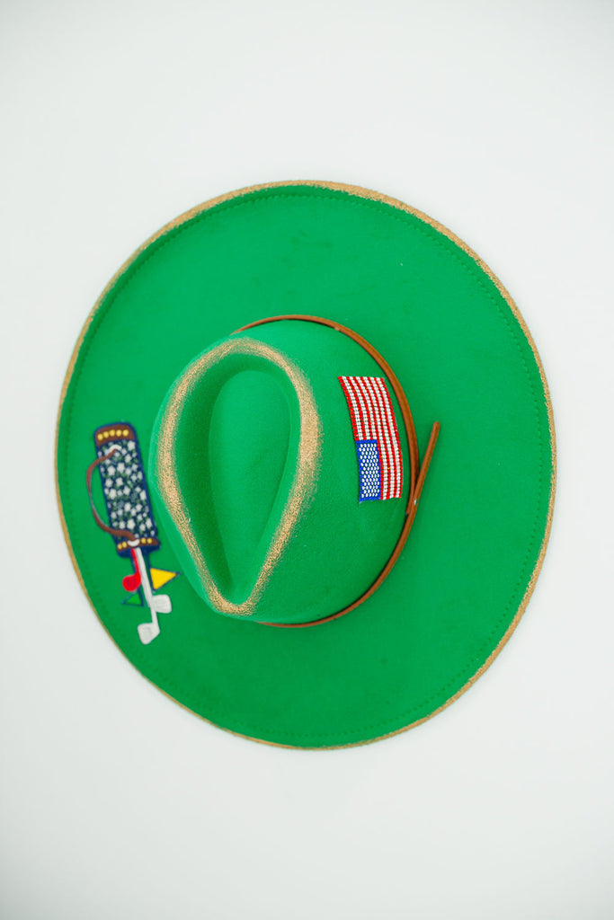 Green rancher with American flag and floral golf club bag patches