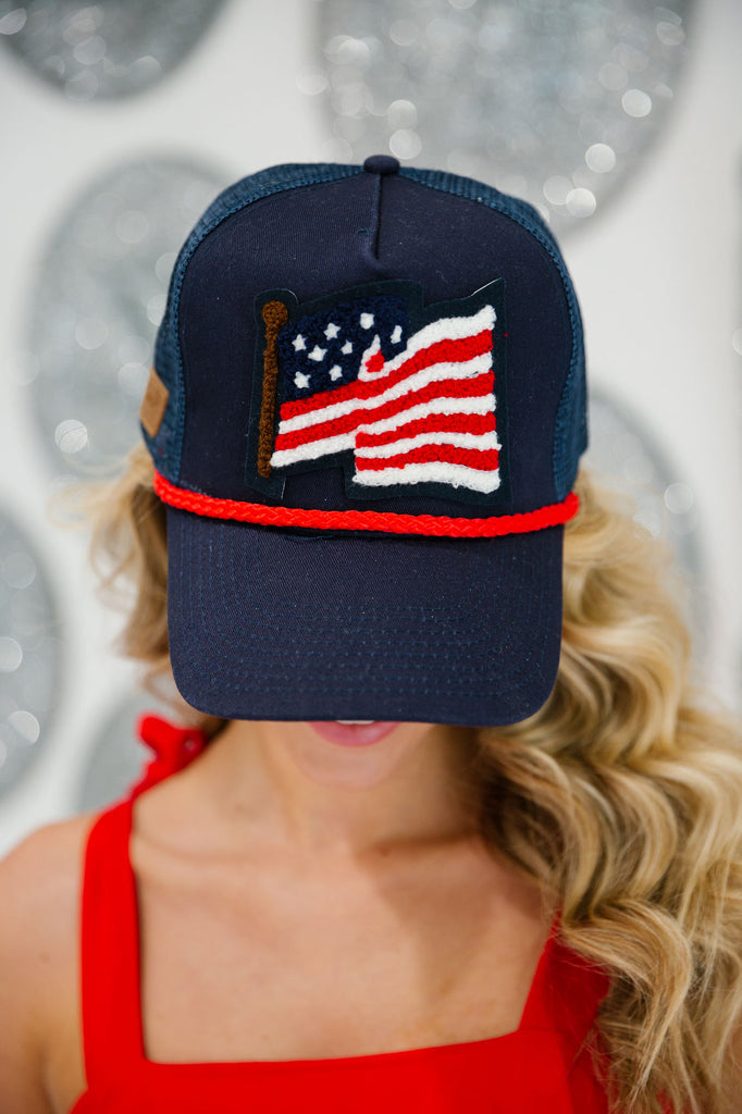 Navy structured hat with an American flag