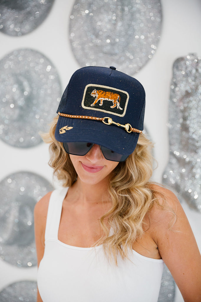 TIGER NAVY GLITTER TRUCKER HAT LIMITED EDITION Judith March