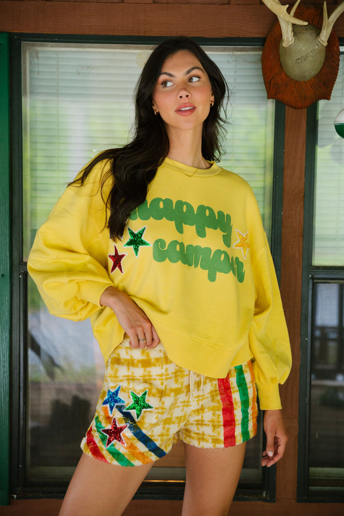 HAPPY CAMPER YELLOW PULLOVER