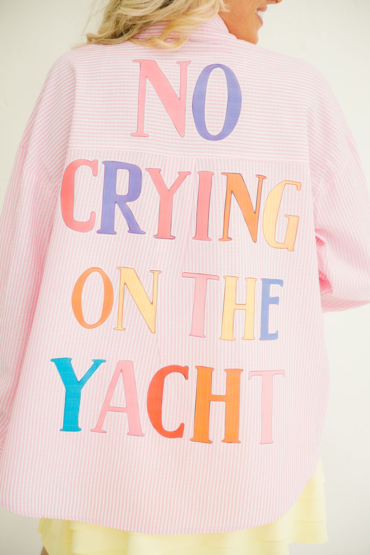NO CRYING ON THE YACHT PINK STRIPED BUTTON DOWN TOP Judith March