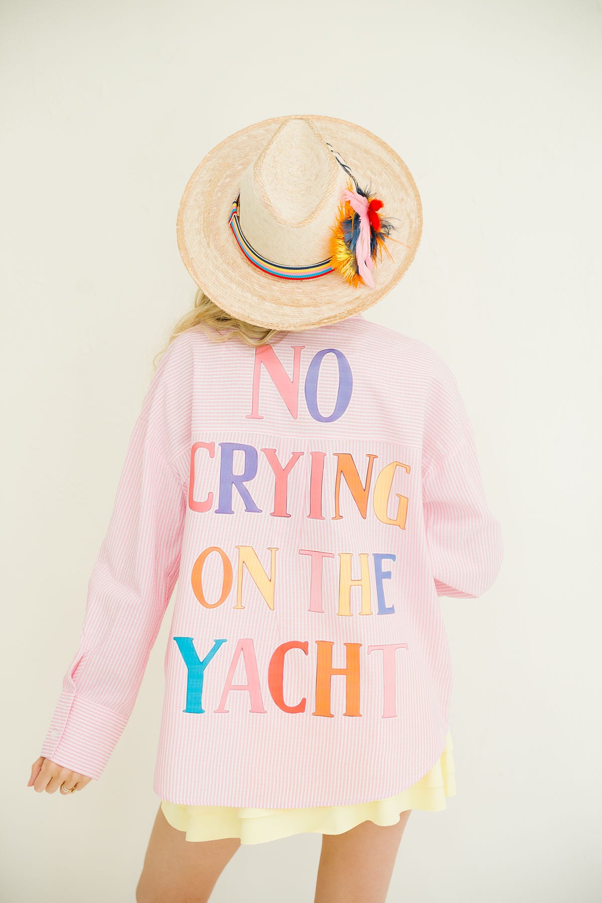 NO CRYING ON THE YACHT PINK STRIPED BUTTON DOWN TOP Judith March