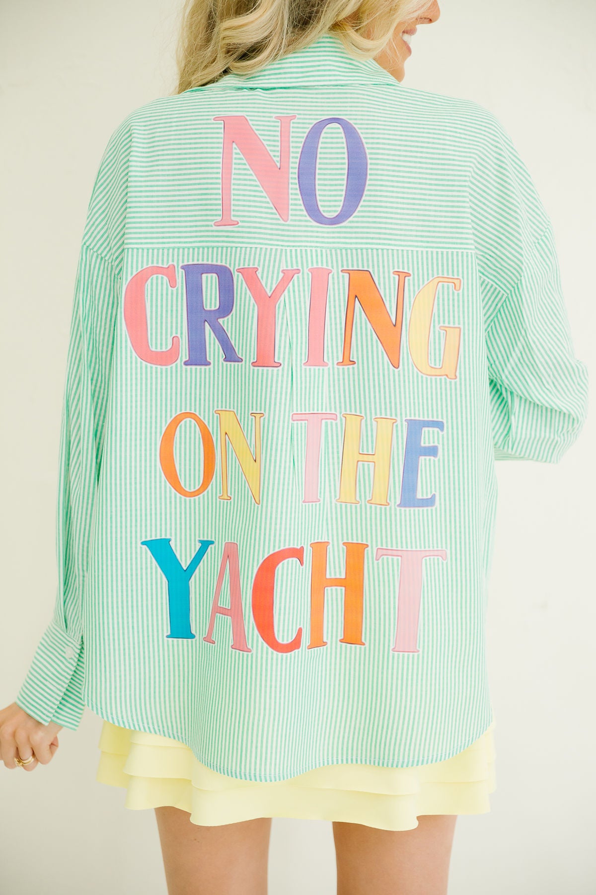 NO CRYING ON THE YACHT GREEN STRIPED BUTTON DOWN TOP Judith March