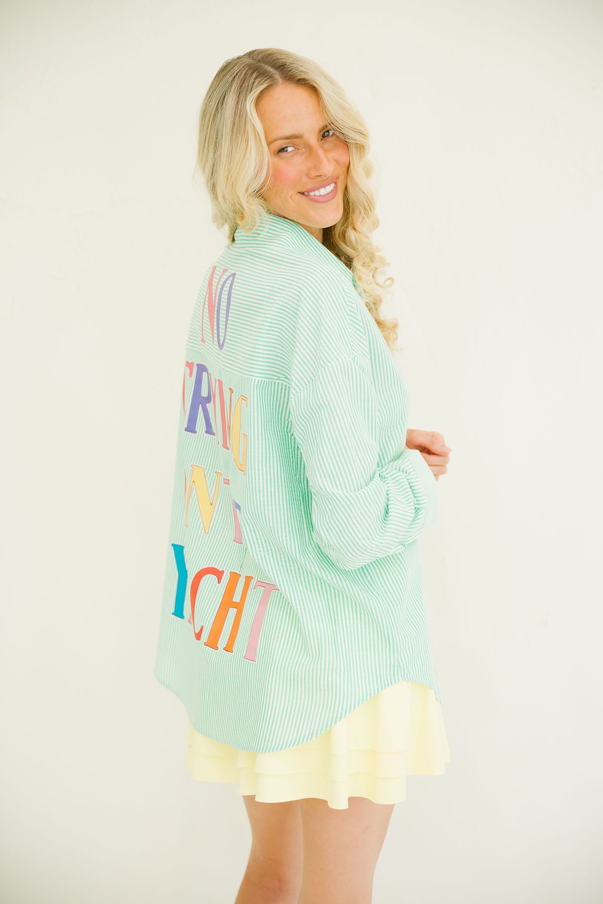 NO CRYING ON THE YACHT GREEN STRIPED BUTTON DOWN TOP Judith March