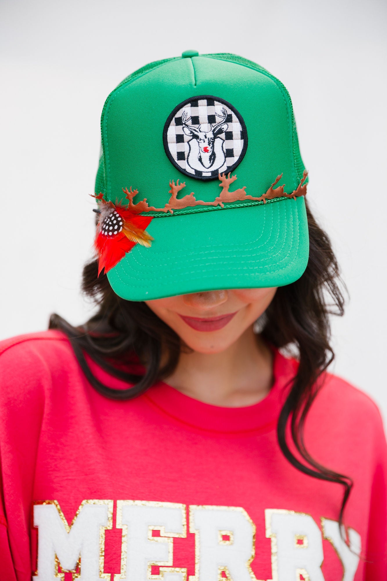 GINGHAM REINDEER GREEN TRUCKER HAT HAT Judith March