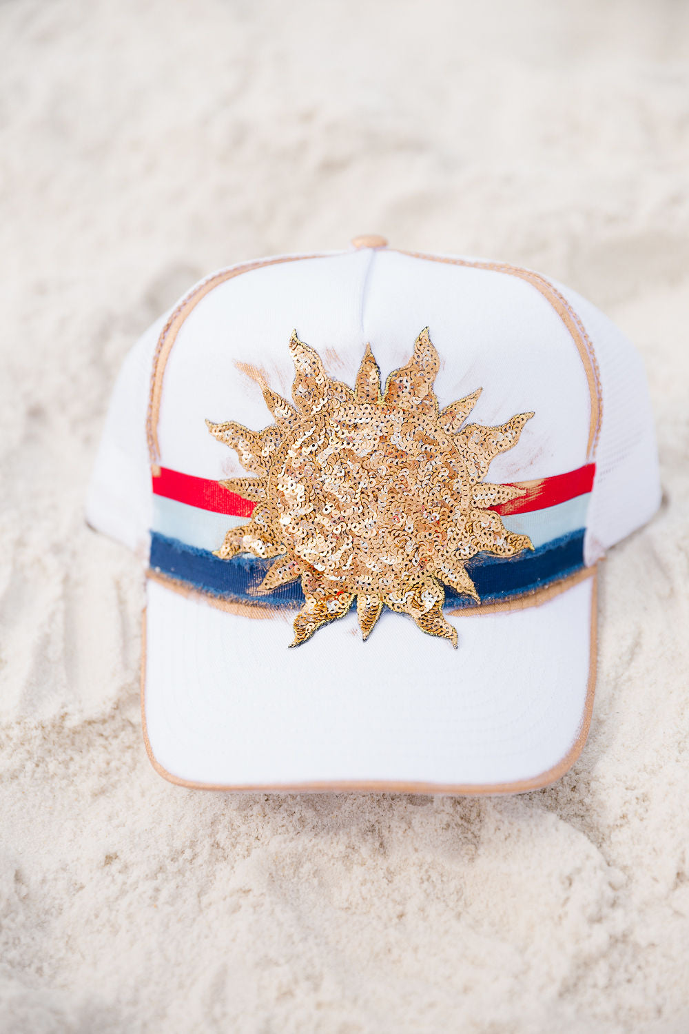 STAR-SPANGLED SUN WHITE STRUCTURED HAT TRUCKER HAT Judith March