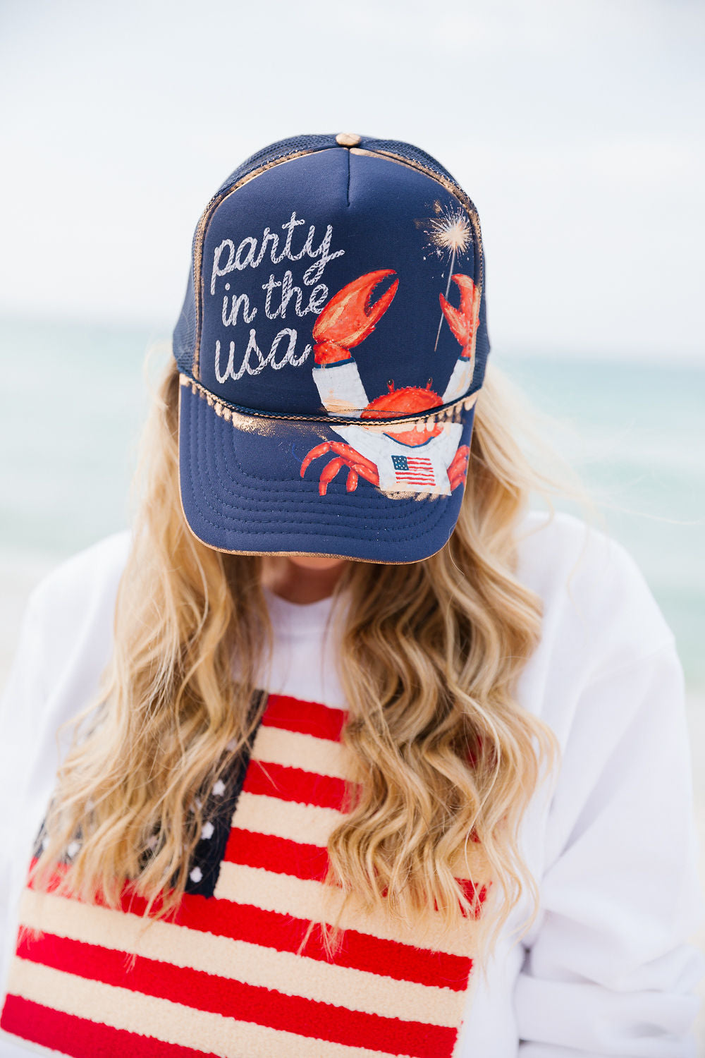 PARTY IN THE USA NAVY TRUCKER HAT TRUCKER HAT Judith March