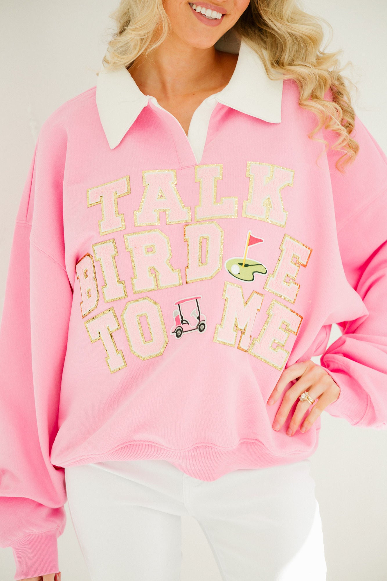 TALK BIRDIE TO ME PINK CREW NECK PULLOVER Judith March