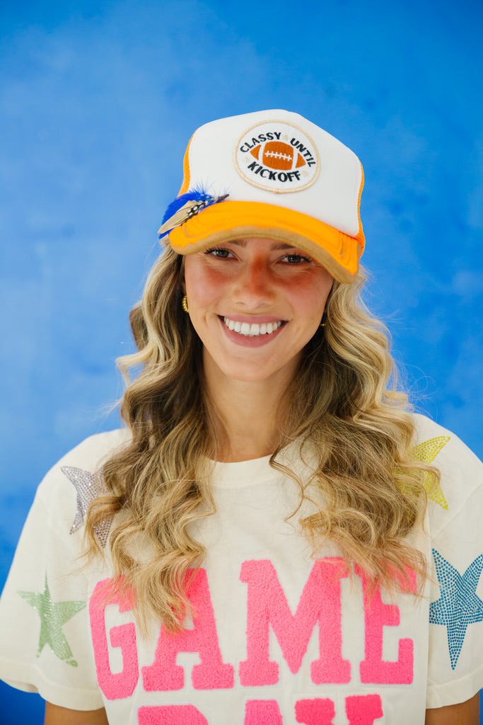 CLASSY UNTIL KICKOFF ORANGE AND WHITE TRUCKER gameday23 Judith March   